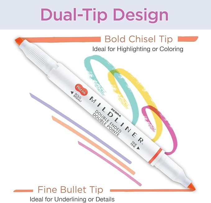 Zebra Pen MILDLINER No Bleed Highlighter, Assorted Colors, Dual Tip, 15-Pk | Broad and Fine Point Tip Marker Set, Ideal for Bible Highlighting, Journaling, School, Teacher and Office Supplies (78115)