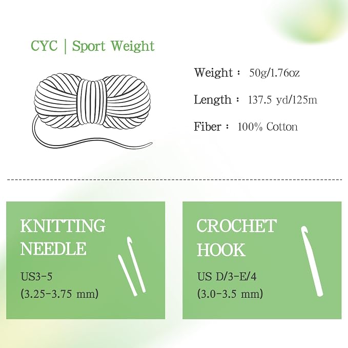 Katech 1OO% Cotton Yarn for Crocheting & Knitting–Baby Cotton Yarn (G) | 12-Color of 137 Yards/1.76 oz Sport Weight CYC #2-Soft & Breathable-Ideal for Dishcloths, Baby Clothes, Potholders & Crafts