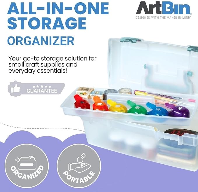 ArtBin 6937AG Essentials Lift-Out Tray Box, Portable Art & Craft Organizer with Handle and Tray, Clear/Aqua, Pack of 6