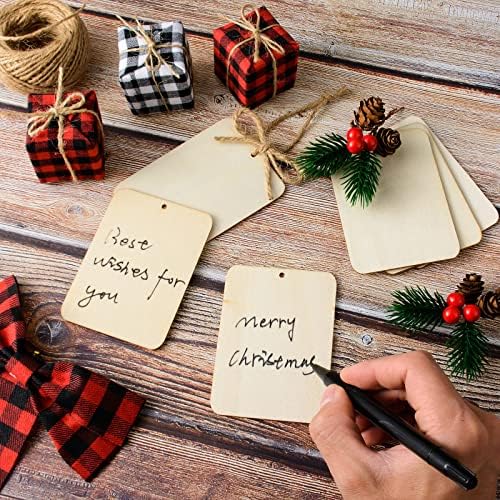 60 Pcs Wooden Tags 2.5 x 3.5 Inch Unfinished Wood Pieces Rectangle Square Wooden Cutouts with Holes Wood Ornaments with 32.8ft Rope for Holiday Gift Tags DIY Craft Hanging Decorations Painting