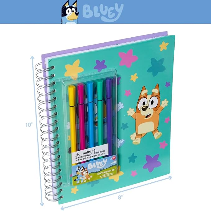Bluey Sketchbook for Kids with Washable Markers, 86 Blank Pages Spiral Bound, Turquoise