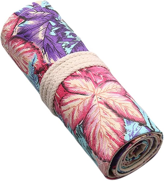 DIYOMR 24/36/72 Slots Pencil Wrap Pencil Rolls, Artist Colored Pencils Roll Up Bag Short Brushes Pouch Case Pencils Organizer for Drawing Coloring and Sketching,No Pencils (Maple Leaves, 36slots)