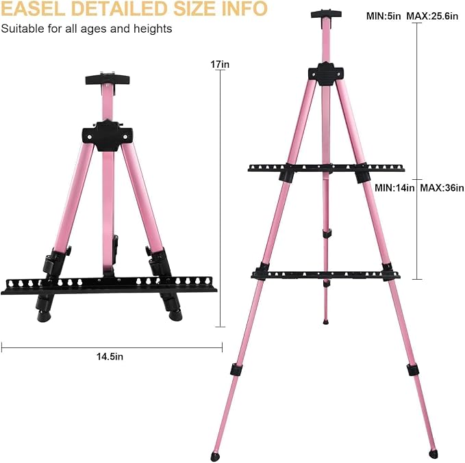 RRFTOK Pink 17-66 Inch Adjustable Art Easel Stand for Painting and Sign | Portable aluminum tripod easel for painting, sign, canvas holder, floor and display use