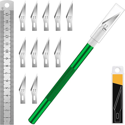 DIYSELF Craft Knife with 10 Extra #11 Blades, Precision Hobby Knife Set with Steel Ruler, Exacto Knife for Crafting, Polymer Clay, Pottery, Paper, Vinyl, Stencil & Model Making (Green) | Exacto Knife for Crafting, Hobby Knife Set for Polymer Clay, Pott...