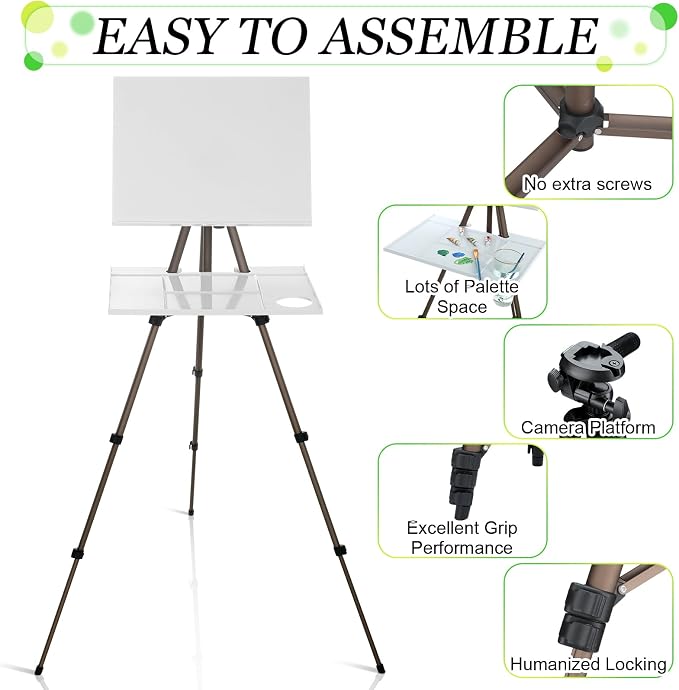 Ireer 17-65 Inch Artist Watercolor Portable Easel with Sturdy Tripod Adjustable Aluminum Metal Easel Stand with Tray Lightweight Travel Easel for Painting Canvas Kids Adults Tabletop Floor Display
