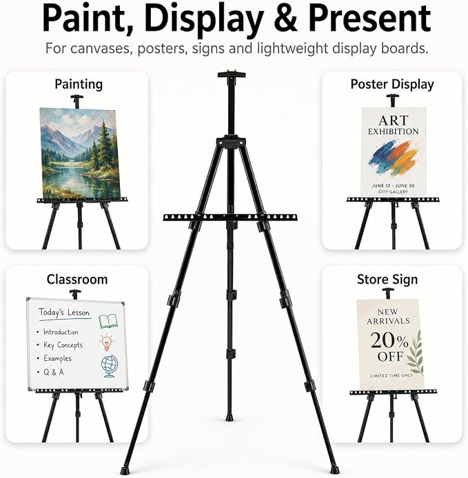 RRFTOK 17-66 Inch Adjustable Art Easel Stand for Painting and Sign, Black | Portable metal tripod easel for poster stand, display stand, canvas holder, adults and floor use