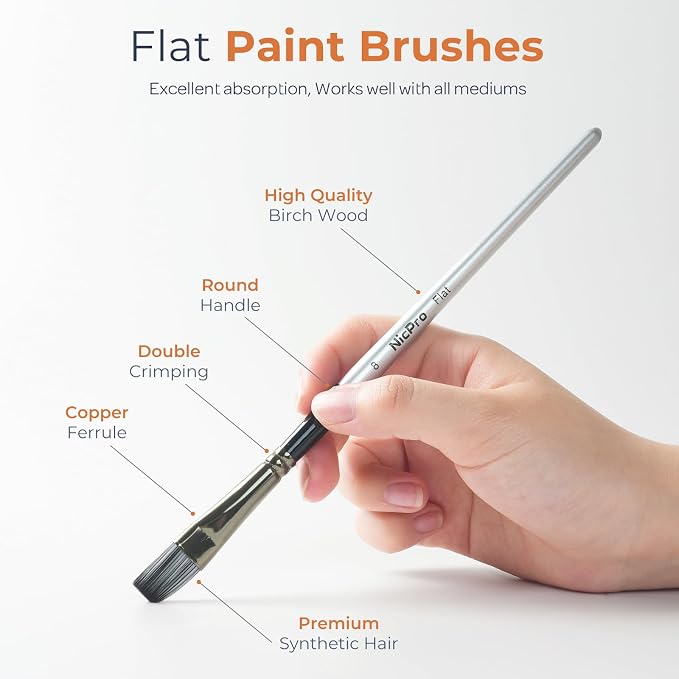 Nicpro 10 PCS Flat Paint Brush Set, Art Painting Brushes for Acrylic, Watercolor, Oil, Gouache, Craft, Detail, Face Body Painting, Base Coating, Artist Paintbrush Kit for Kid & Adult