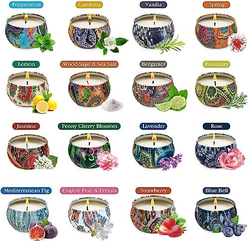 Set of 16 Small Scented Candles Soy Wax Aromatherapy Candles 2.5 OZ Portable Tin Candles with Lid, Relaxation Gifts Basket for Mother, Women, Friends and Coworkers