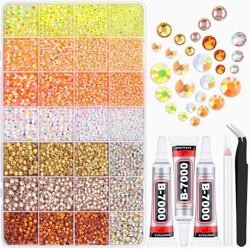 20000Pcs Yellow Rhinestones for Bedazzling with B7000 Jewelry Glue, Resin Rhinestones for Crafting Crafts DIY, Bedazzler Kit Gems for Clothing Shoes Tumblers Fabric Nail Art Assorted Size 3/4/5/6mm