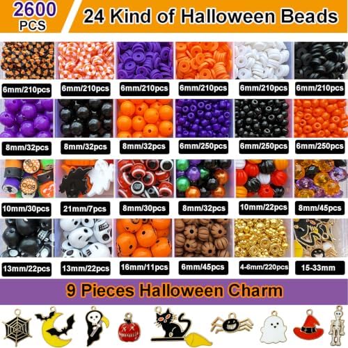 XBYzuzi 2600Pcs Halloween Beads for Bracelets Jewelry Making Kit, Orange Black White Purple alloween Polymer Clay Beads Pumpkin Evil Eye Skull Bead with Ghost Spider Charms for DIY Craft Earring