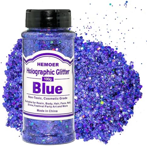 HEMOER Blue Glitter, 100g/3.5oz Holographic Chunky Glitter Mixed Hexagon Chunky & Fine Flakes Iridescent Sequins for Epoxy Crafts, Resin, Nail Body, Tumblers, Party Decoration