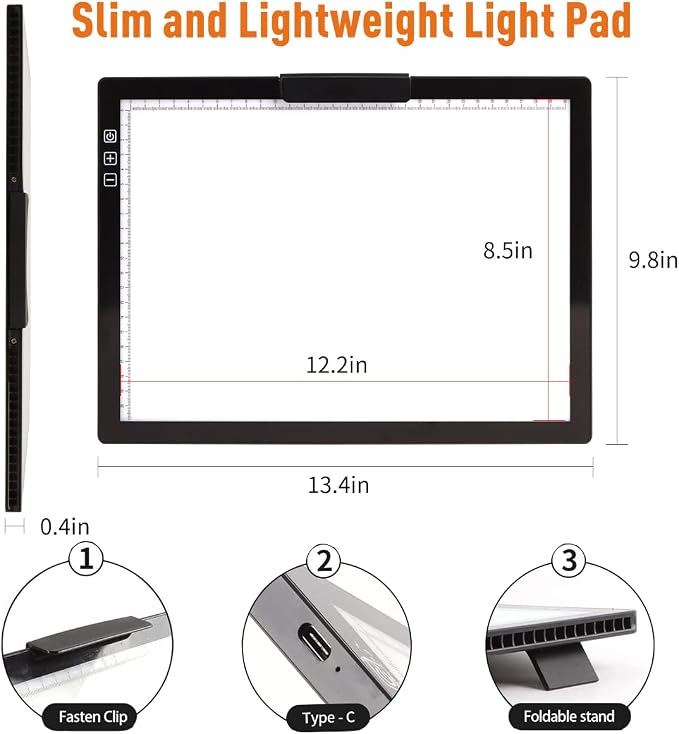 YINGWOND Rechargeable A4 LED Light Pad with Padded Case, Tracing Light Box w/Riser Stands and Paper Clip, 6 Levels of Brightness, Type-c Cable, Wireless Diamond Painting Light Board