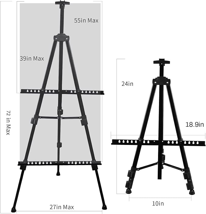 RRFTOK 72 in Art Easel Stand, Adjustable Metal Tripod, Dual-Layer | Dual-layer supports canvas or signs at two heights; adjusts up to 72 in with spring clip and reinforced chain for stability.