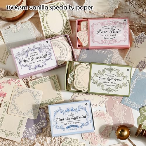 120 Pcs Embossed Scrapbooking Paper & Journaling Supplies, 160gsm Textured Scrapbook paper with Grass Fibers, Vintage Scrapbook Label Tags Set for Junk Journal Supplies, Card Making & DIY - 4 Boxes