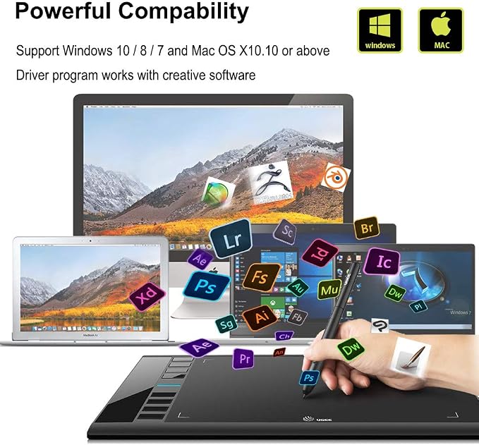 UGEE M708 Drawing Tablet, 10x6 inch Large Space for Digital Drawing | 8 Hot Keys, Passive Stylus of 16384 Levels Pressure, Digital Graphics Art Tablet, For PC Paint, Design, Art Creation Sketch