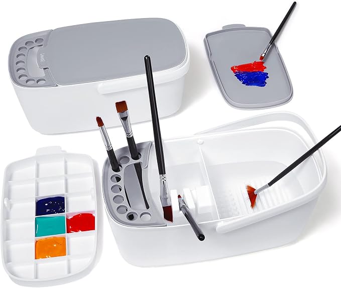 GAMENOTE Paint Brush Cleaner, Paint Brush Holder and Palette, White | All-in-one painting station washes and rests brushes, mixes colors, and stores paint in 18 wells with a portable handle.