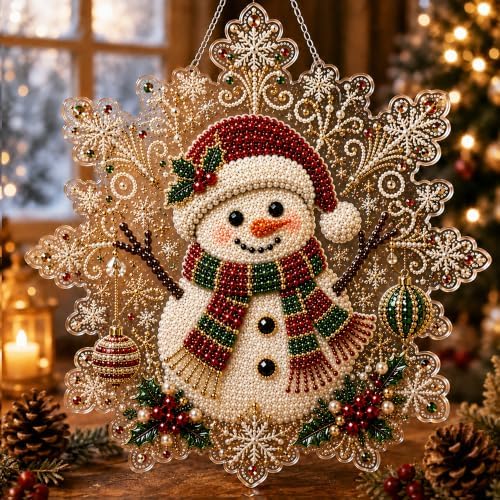 LJSCQF Christmas Pearl Diamond Painting Suncatcher Kit, DIY Craft | Pre-Assembled Metal Chain, Acrylic Snowflake Shape Board with Lace Edge, 3D Mixed-Sized Pearl Beads Craft (Style E, 12IN)