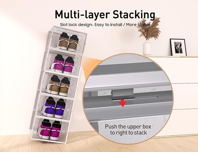 Kuject X-Large Shoe Storage Boxes 12 Pack, Clear Stackable Shoe Organizer
