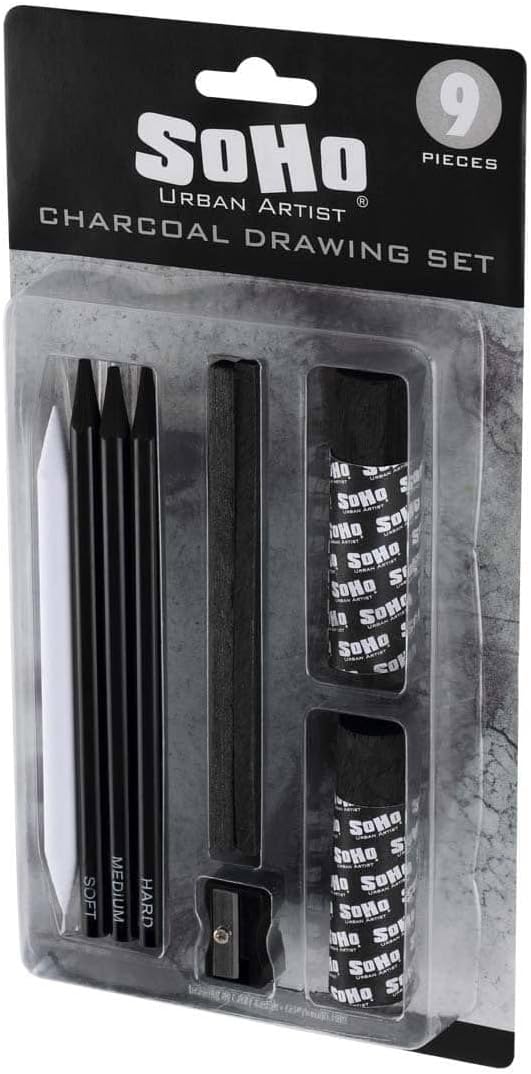 Soho Urban Artist Charcoal Drawing Set - Drawing Charcoal for Artists, Students, Blending, Live Figure Drawing, & More! - [Black - Drawing Set]