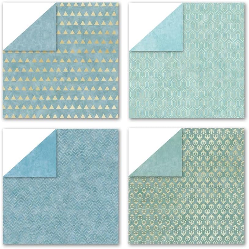 Teal Color Art Deco Scrapbook Paper 24 Sheets Pattern Paper Double Sided Printing for DIY Card Making Scrapbook Wedding Photo Album Home Décor-12 x 12 Inches