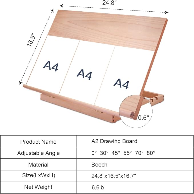 Miratuso Large Drawing & Sketching Board, Art Tabletop Easel Painting Easel | 24.8" L x 16.5" W (A2), 6 Adjustable Angles, Foldable, Portable Multiple Use, Gift for Artists, Children, Beginners & Student