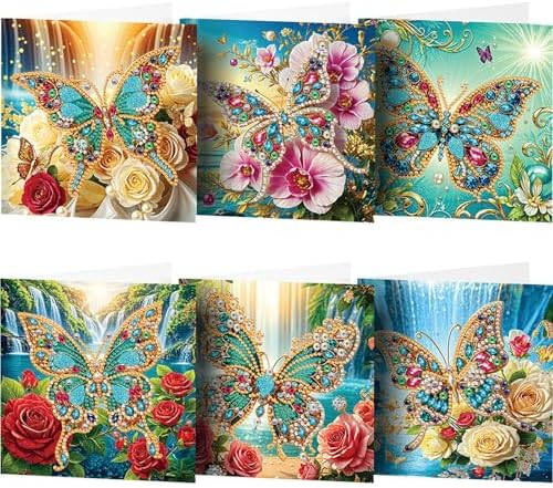 Diamond Art Cards with Envelopes–6PCS DIY Diamond Painting Greeting Cards Kit | Card Making Kit with Bling for Adults & Beginners | Birthday,Holiday & Thank You Cards (Flower and Butterfly)