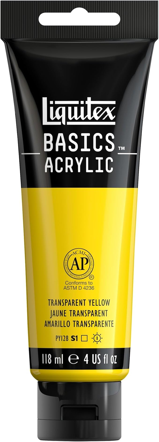 Liquitex BASICS Acrylic Paint, 4-oz Tube, Transparent Yellow | Medium Viscosity, Satin Finish, Lightfast, Fine Art Pigments, Range of Opacities, Easy Blending