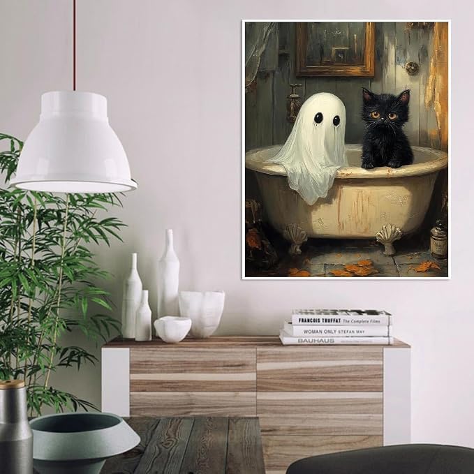Clendo Halloween Paint by Numbers Kit for Adults, Ghost Oil Painting by Numbers with Brushes, Black Cat Art and Crafts Canvas Kit for Beginner Home Decor 16x20 inch / 40x50 cm