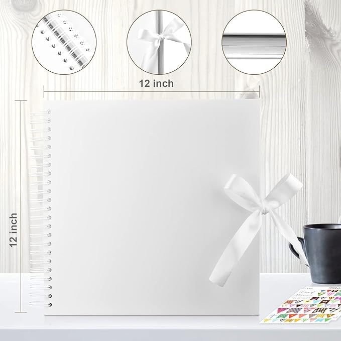 GOTIDEAL 12 x 12 Inch Scrapbook Album with 10 Metallic Markers, White | 80 Pages Craft Paper Photo Album for Wedding and Anniversary, Family DIY Photo Album with Scrapbooking Stickers Corners