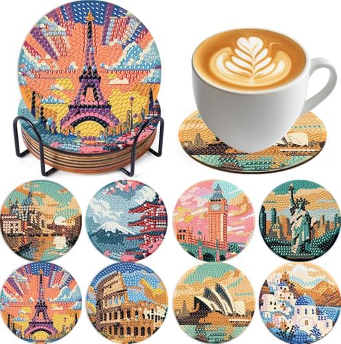 NEGEKFKX 8 Pcs Famous Buildings Diamond Art Painting Coasters Kits ﻿ ﻿