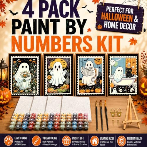 4 Pack Halloween Paint by Numbers Kit for Kids with Frame Easel 8x12 inch