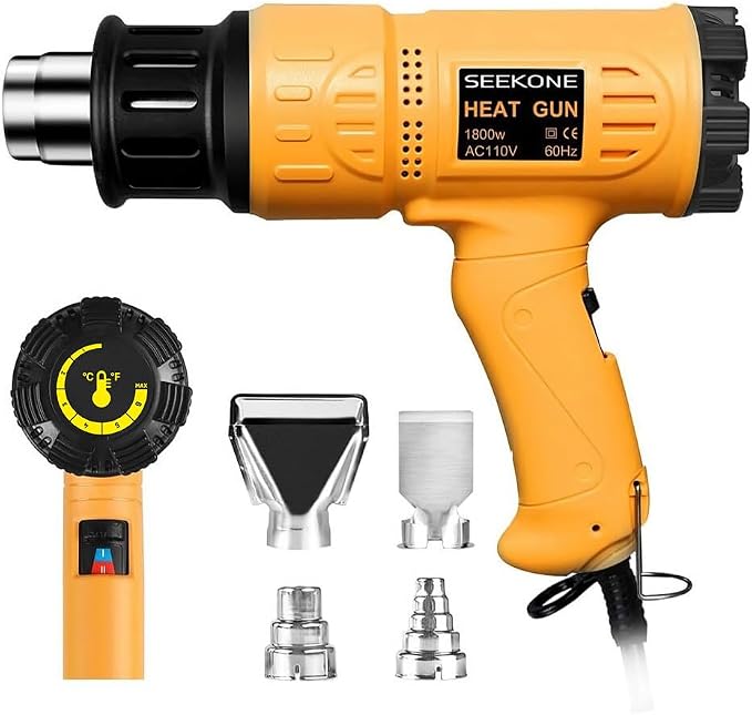 SEEKONE 1800W Heat Gun Variable Temp 122℉-1202℉ for Crafts, Shrink Wrap | Fast Heating 122℉-1202℉, Dual Airflow, Overheat Protection, 4 Nozzles for Shrink Tubing, Paint Removal and 3D Printing