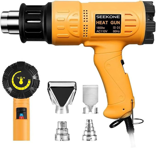SEEKONE 1800W Heat Gun Variable Temp 122℉-1202℉ for Crafts, Shrink Wrap | Fast Heating 122℉-1202℉, Dual Airflow, Overheat Protection, 4 Nozzles for Shrink Tubing, Paint Removal and 3D Printing