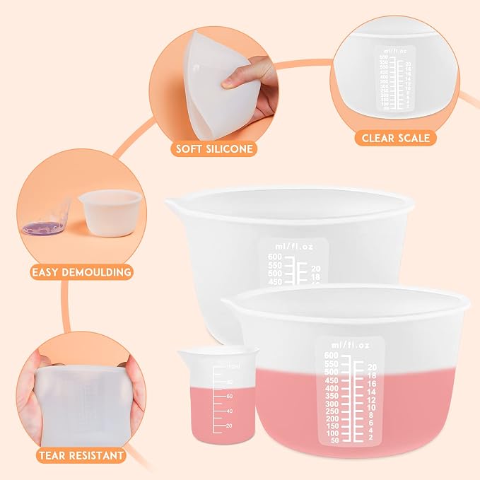 Silicone Resin Measuring Cups, 600ml with Stir Sticks