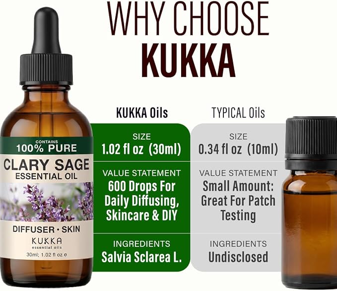 Kukka 100% Pure Clary Sage Essential Oil for Skin, Diffuser, 1.02 Fl Oz | Clary Sage Oil for Hair, Massages, Body Care & Wellness, Soothing Aroma for Scalp Care & Relaxation