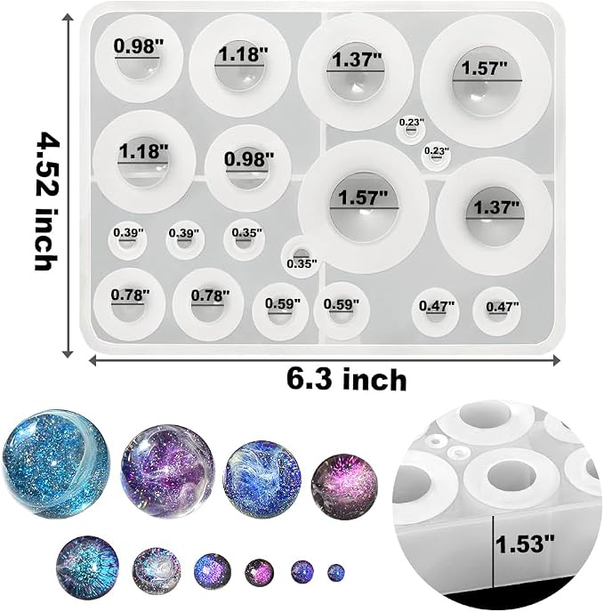 RESINWORLD 20-Cavity Sphere Molds for Resin, Round Ball Resin Mold, Silicone Orbs Mold for Jewellery Making
