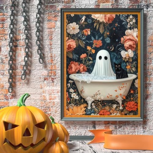 RYMILIE Halloween Diamond Art Kits for Adults Bathtub Ghost 12x16inch | 5D Flowers Diamond Painting Kit for Beginners, DIY Full Round Drill Black Cat Gem Art Crafts for Home Wall Decor Gift