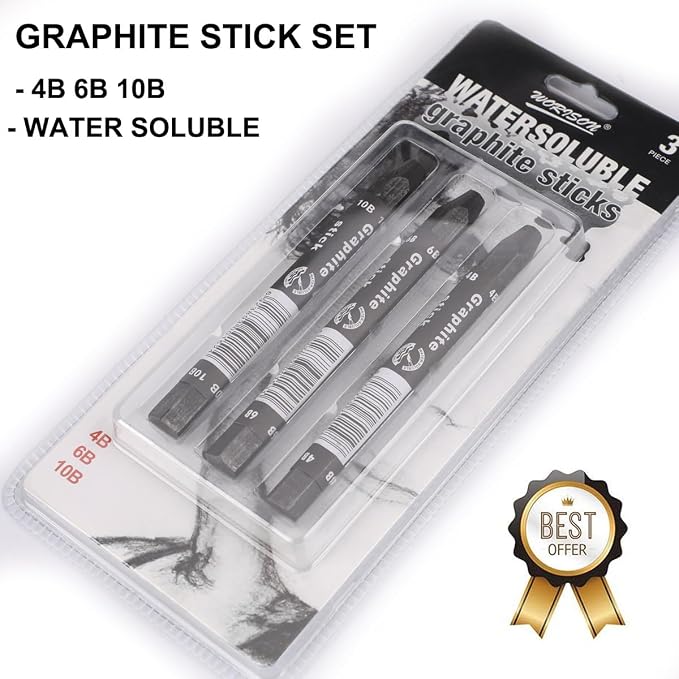 Graphite Sticks for Drawing- Water Soluble -Soft 4B 6B 10B, Artist Graphite Sticks Pencil Set for Sketching, Shading, Pack of 3 Pcs