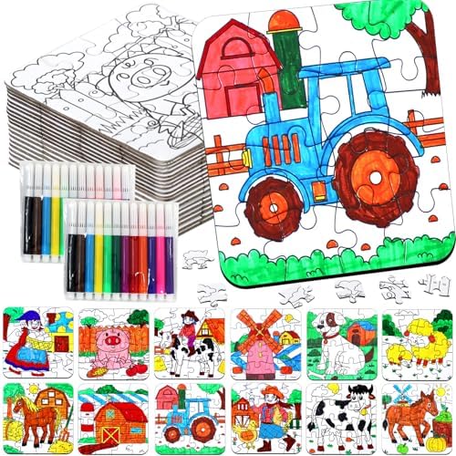 24 Sets Farm Animals Toddler Puzzles Ages 2-4 Bulk, Farm Party Favors Crafts DIY Paper Jigsaw Kit with Cow Dog Sheep, Fall Art Coloring Blank Puzzle for Classroom Gift Birthday Fun Games Toys Supplies