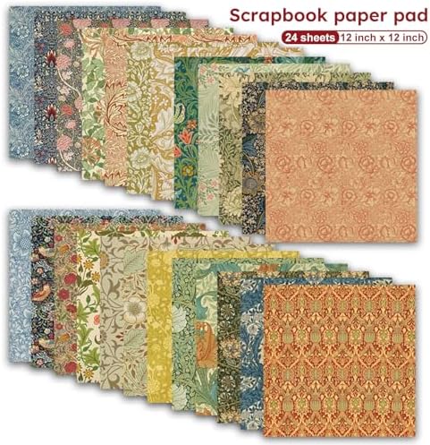 12 x 12in Vintage Flowers Scrapbook Paper Pad,24 Sheets Colorful Artistic Pattern Aesthetics Print Floral DIY Crafts Collage for Photo Album Journals Card Folded Gift Wrapping Material