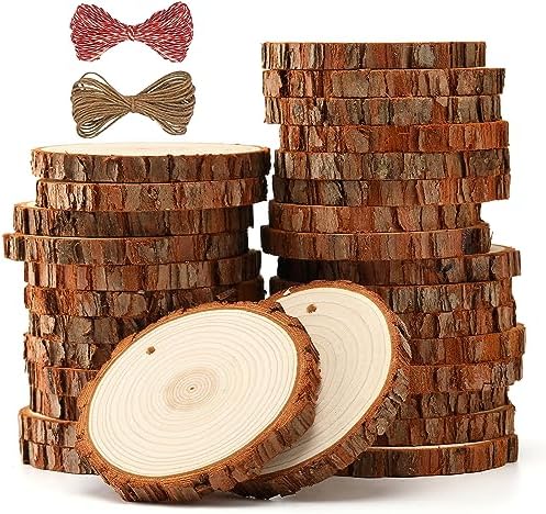 SENMUT Unfinished Wood Slices 30pcs 2.8"-3.0" Wood Circles for Crafts, Predrilled Natural Wood Rounds, Wooden Discs Perfect for DIY, Artistic Creations & Christmas Wood Ornaments for Crafts