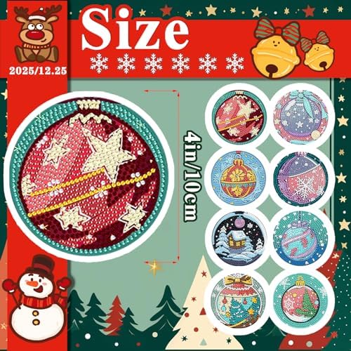 DOTSOPS 8 Pcs Diamond Art Kits for Adults Small Diamond Art Coasters with Holder,Diamond Art Painting Coasters for Adults Beginners Diamond Craft for Christmas Birthday (Christmas Ornaments)