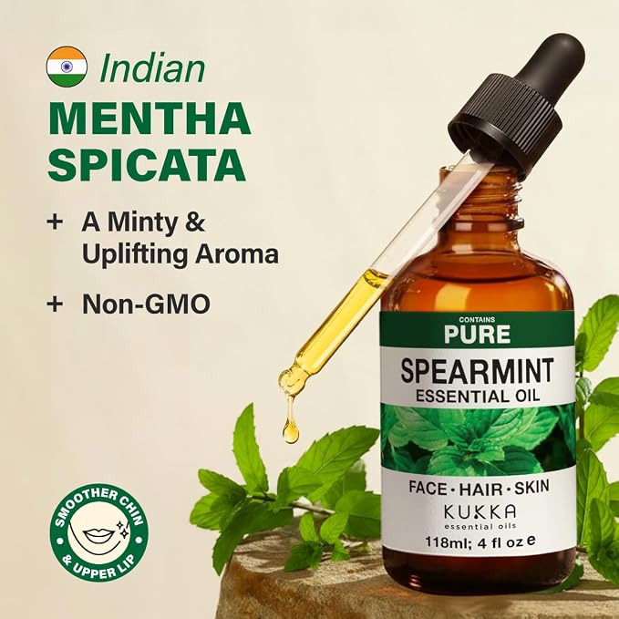 Kukka 100% Pure Spearmint Essential Oil for Skin, Diffuser, 4 Fl Oz | Undiluted Mint Oil for Face and Skin Care, Diffuser, Aromatherapy, Massage - Natural Mentha Spicata