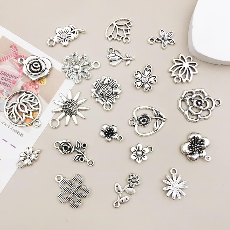 WOCRAFT 120pcs Antique Silver Fower Charm for Jewelry Making Alloy Spring Floral Flower Charms for DIY Crafts (SN032)