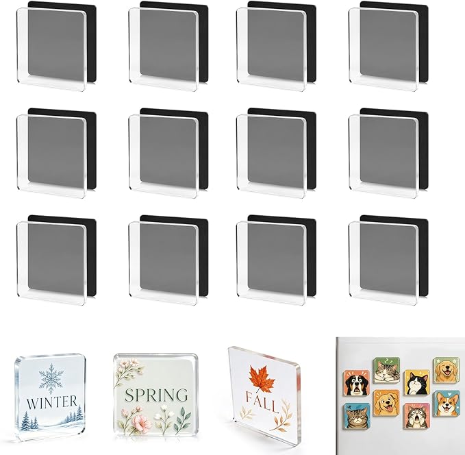12 Pack Clear Acrylic DIY Fridge Magnets Set, 2"x2" Square Magnetic with Adhesive Backing for Crafts Kitchen Office and Classroom Decoration Magnet Making kit
