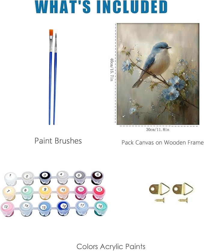 Blue Bird Paint by Numbers Kit for Adults, Color By Numbers for Adults | Vintage Blue Bird Painting by Number Kits On Canvas, Number Artist Paint by Number Kit Funny Without Frame DIY, 12x16in