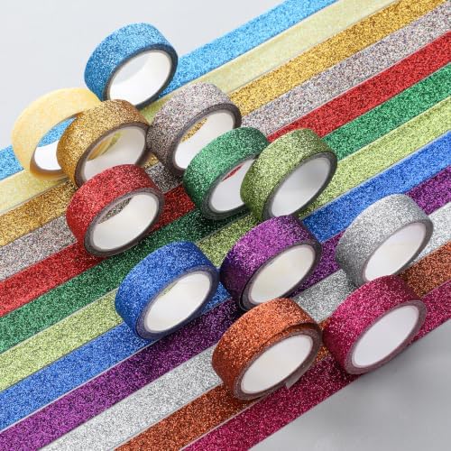 TIESOME 12 Rolls Glitter Washi Tape Set,15mm Macaron Colored Masking Tape,