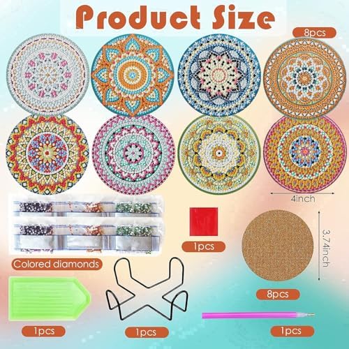 ijbnhd 8 Pack Mandala Diamond Art Coasters Kits 4x4 inch (Cork Wooden Pad)
