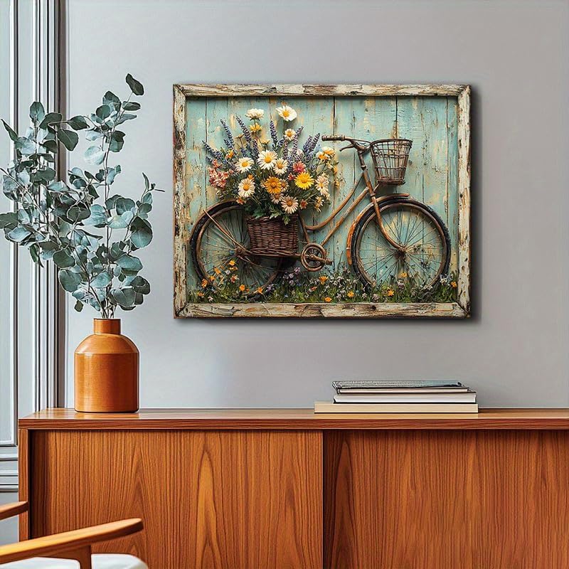 Clendo Vintage Paint by Numbers for Adults - Bicycle Adorned with a Basket Full of Blooming Flowers, DIY Paint by Number Acrylic Canvas Painting Art Kits for Home Decor 16x20 Inch (Without Frame)