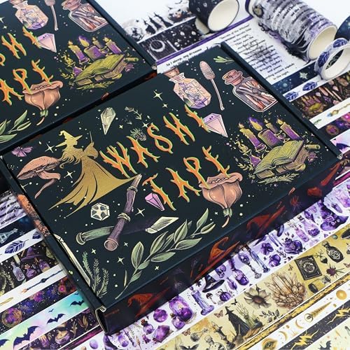 MPOPUUL Washi Tape Set 37 Rolls - Witches Theme Colored Decorative Adhesive Tape for Journaling, Vintage Artists Tape for Junk Journaling Supplies, Scrapbooking, DIY Crafts, Gift Wrapping, Planner